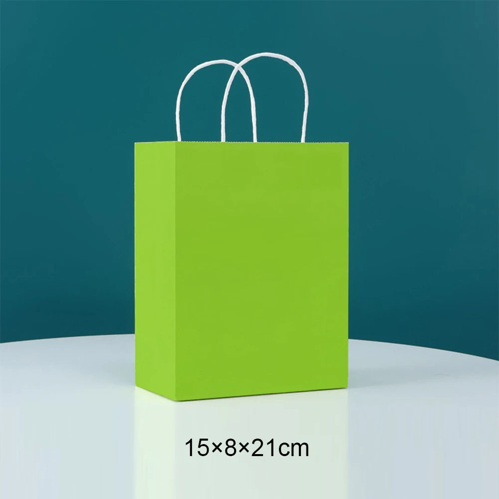 A bright lime green paper shopping bag with white handles, shown against a dark teal background.