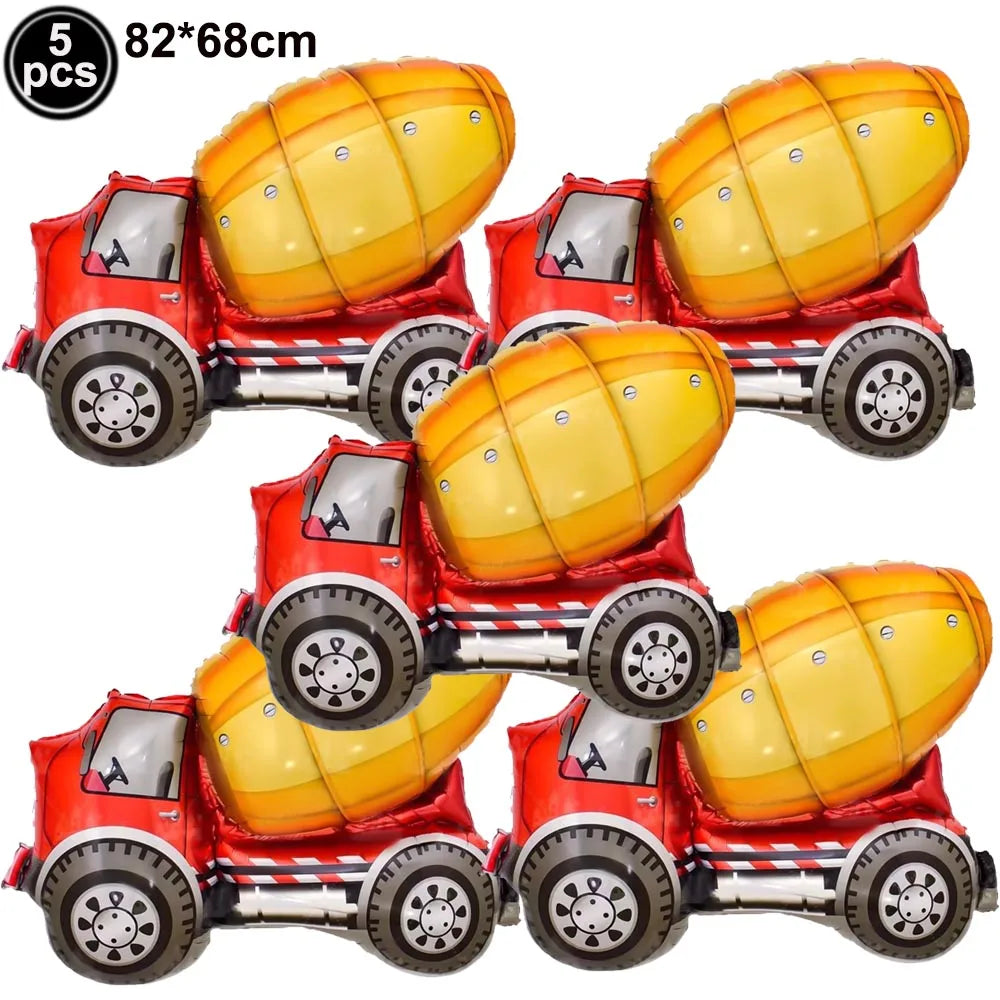 Five red construction truck foil balloons for birthday party decor