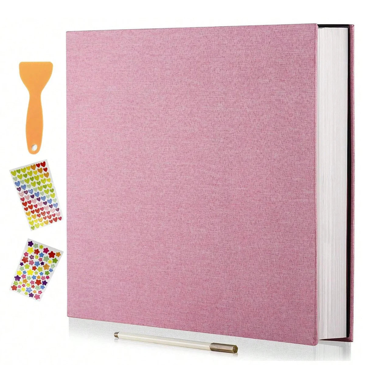 A pink linen scrapbook photo album with a visible page and an orange tool shown next to it.