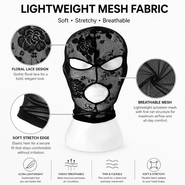 Black lightweight mesh fabric full face mask with floral lace design and soft stretch edge