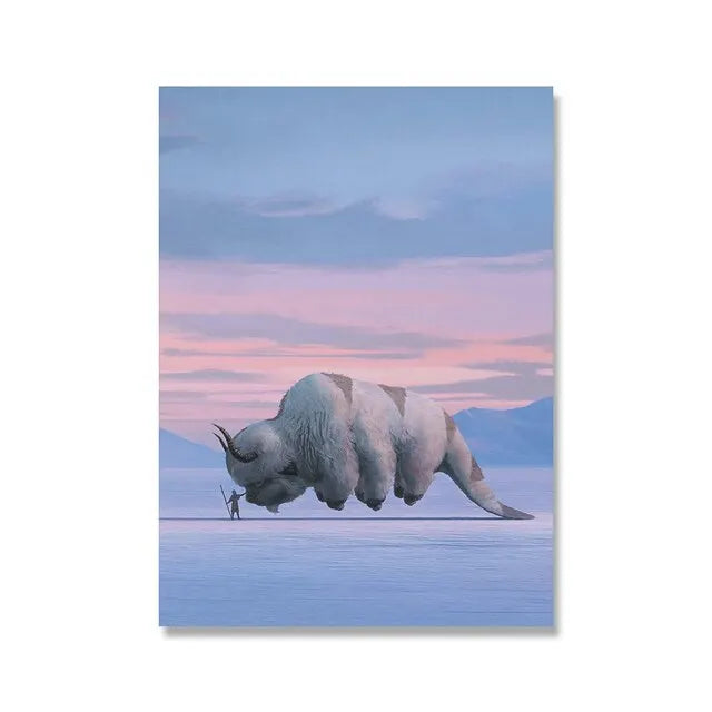 Minimalist canvas wall art featuring a large ice creature against a pink and blue sunset sky over calm water.
