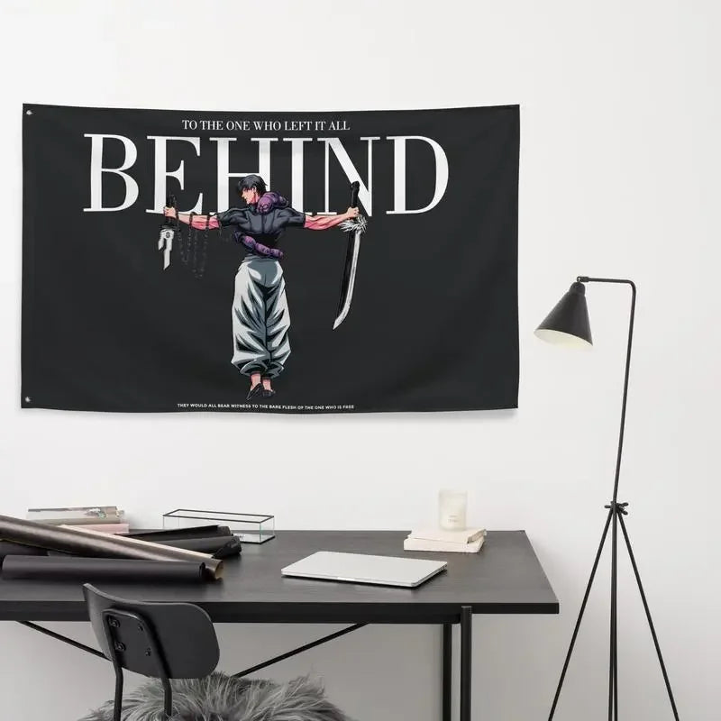 A black flag featuring white text that reads Behind with a silhouette of a person.