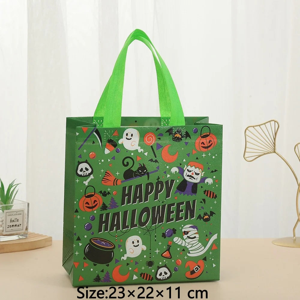 A green non-woven tote bag with Halloween prints and a green handle.