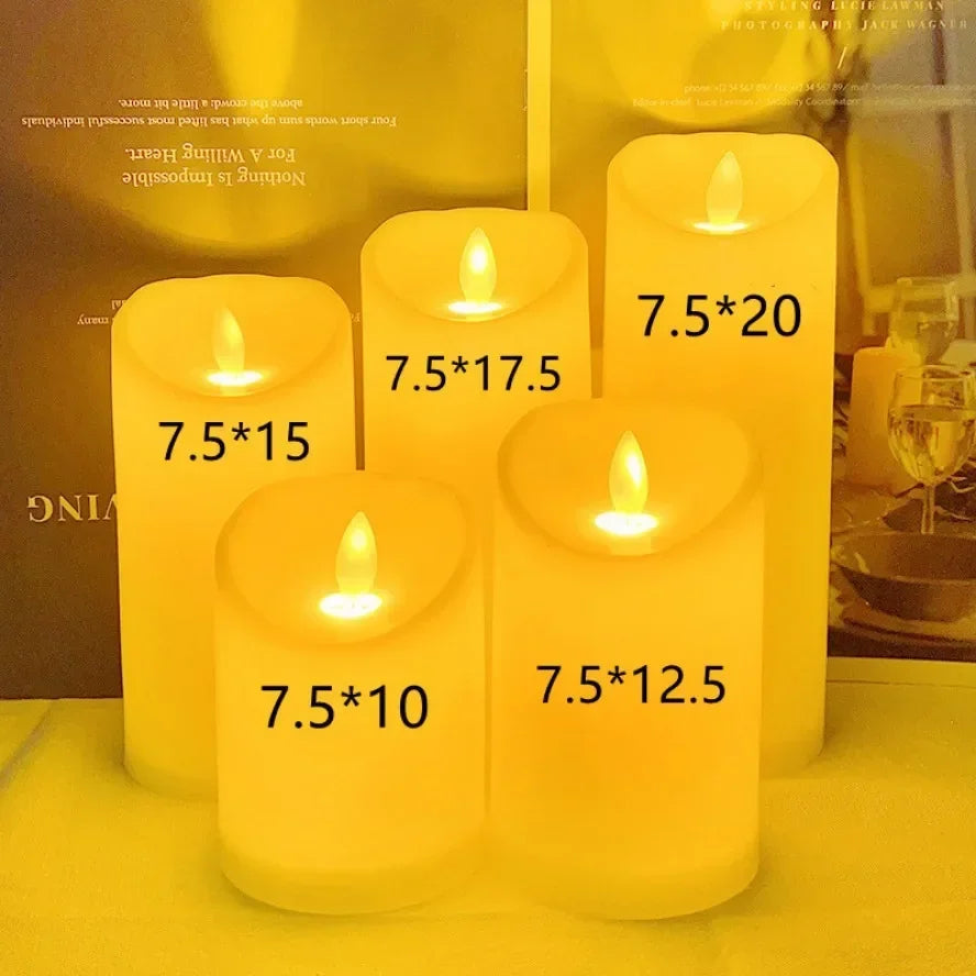 A collection of yellow LED candles with flickering flames displayed on a table.