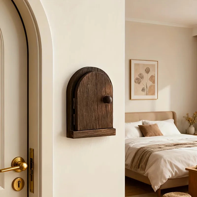 A dark wooden decorative outlet cover mounted on a cream-colored wall next to a doorway.