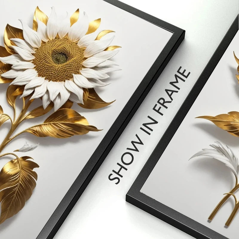 Un girasol dorado con pétalos y hojas blancas, mostrado en un marco negro.