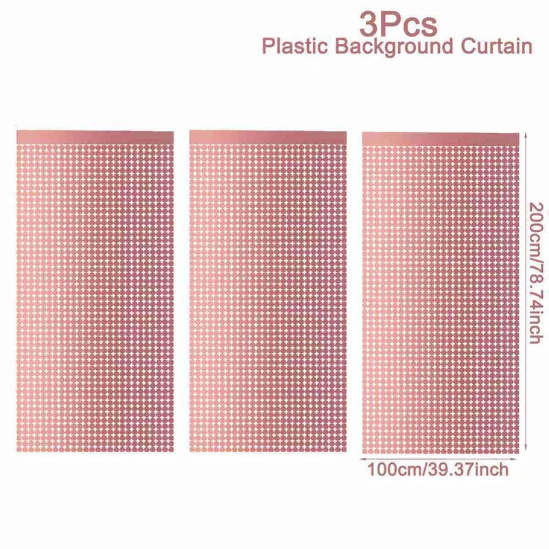 Three pink plastic background curtains with a sequin glitter pattern for events