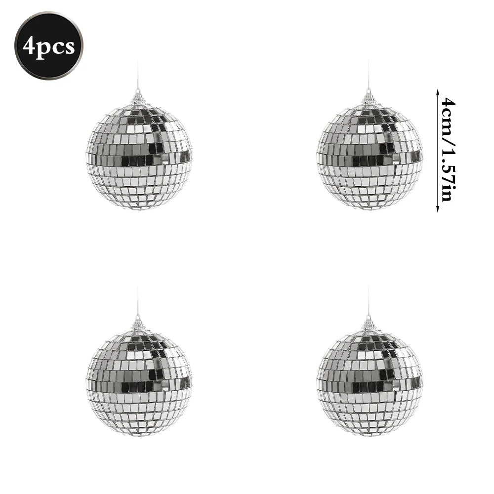 Four silver disco mirror balls shown individually against a white background.
