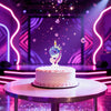 A white birthday cake with a sparkling number candle on top displayed on a table in a vibrant purple and pink neon light sett