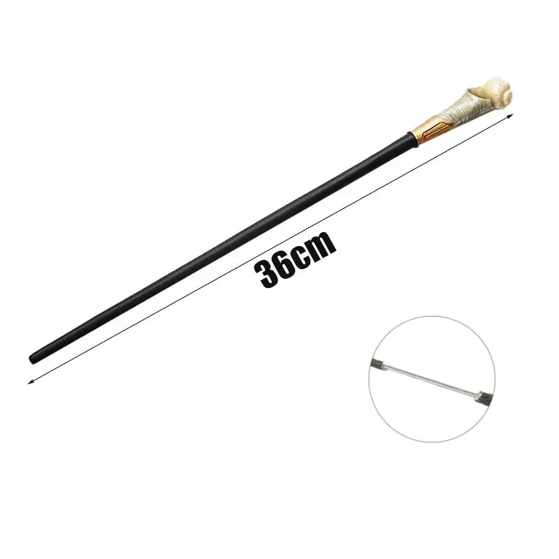 A long, black metal magic wand with a gold-colored handle and decorative tip.