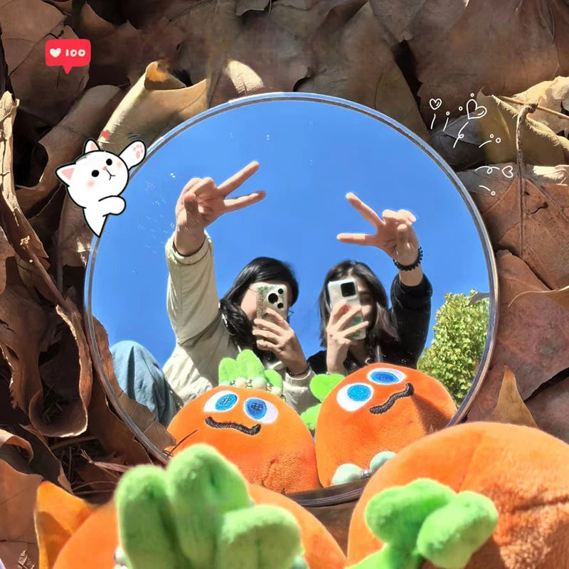 A round convex mirror is surrounded by autumn leaves and features orange, fuzzy props.