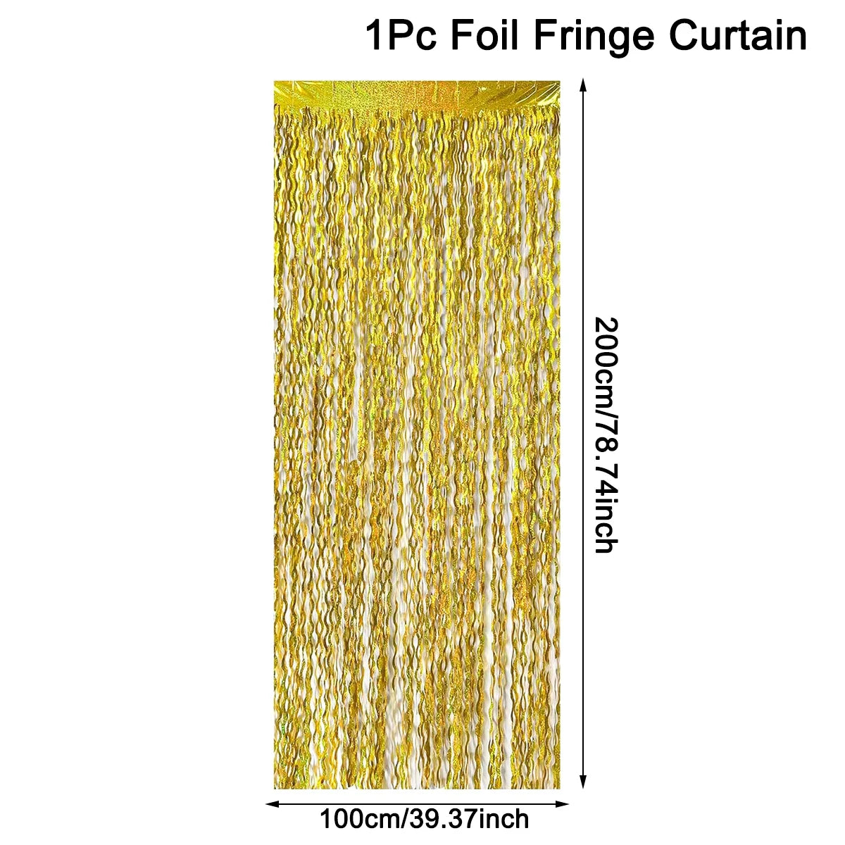 A vertical curtain of gold foil fringe used as a party backdrop