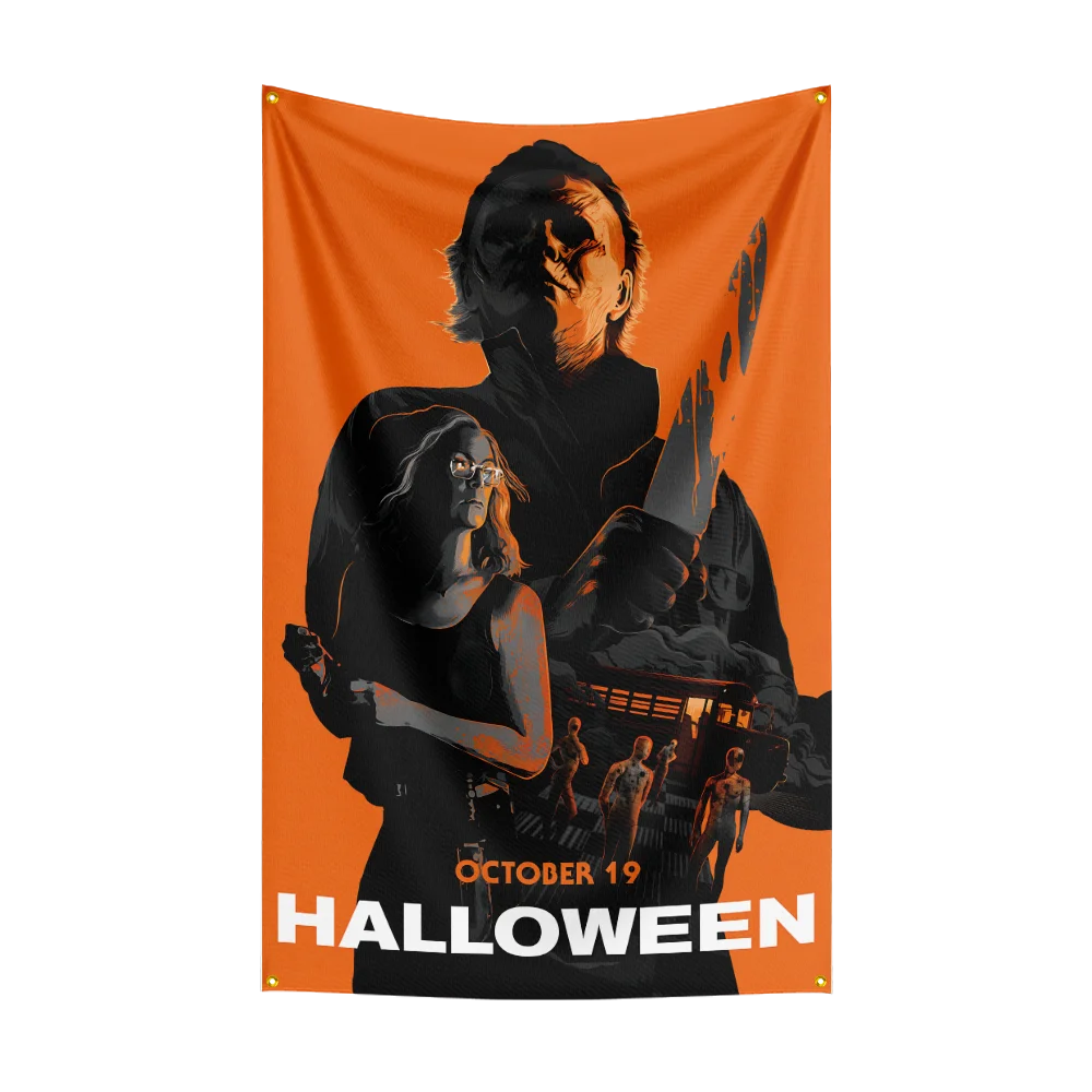 A dark silhouette of a figure with a mask is featured on an orange Halloween flag.