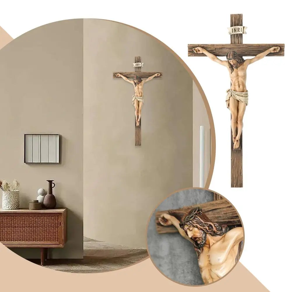 A hand-painted resin cross statue of Jesus Christ on a wooden display, shown alongside a close-up of the figure.