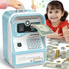 Helles blaues simuliertes EC-Sparschwein mit Tastatur und Kartenleser neben US-Banknoten.