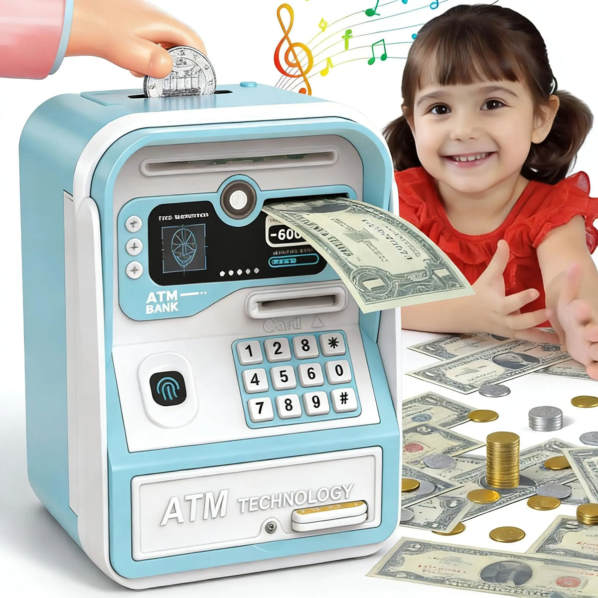 Helles blaues simuliertes EC-Sparschwein mit Tastatur und Kartenleser neben US-Banknoten.