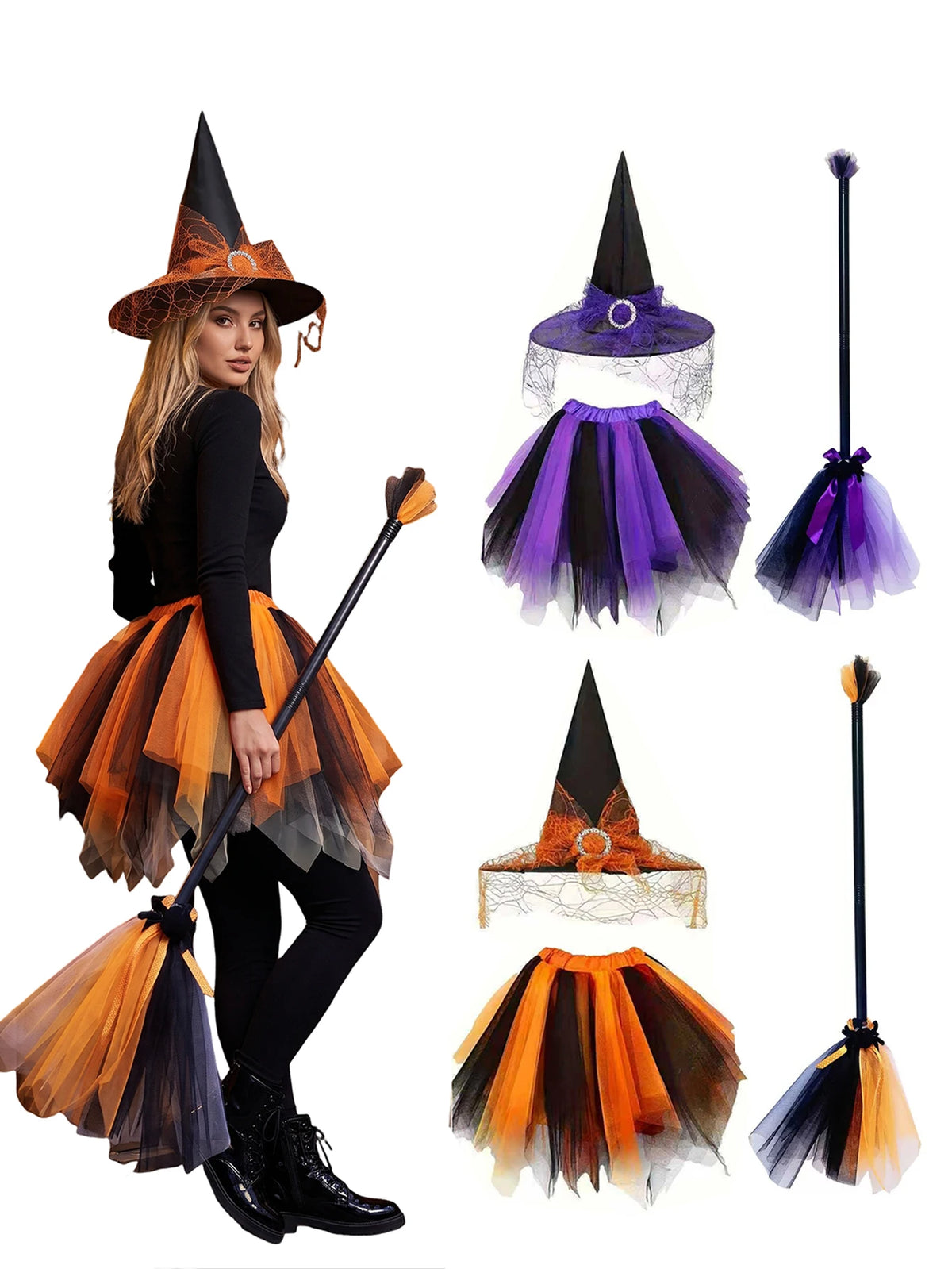A woman modeling a Halloween witch costume set including a pointed hat, purple tulle skirt, and a black broomstick.