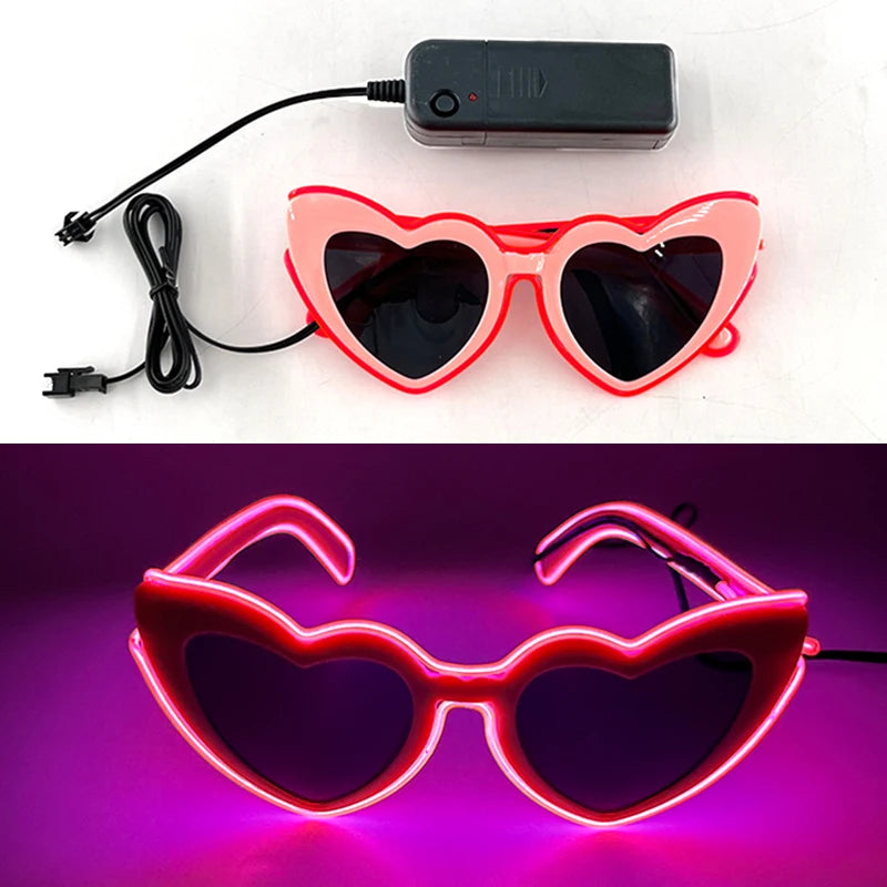 Pink heart-shaped LED wire party glasses with a black light effect