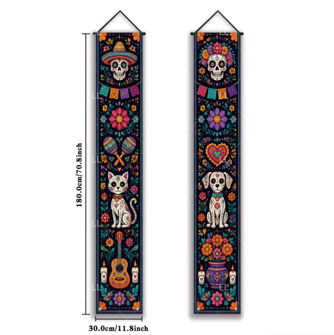 A vertical banner featuring a Mexican skull and floral motifs for a Day of the Dead theme.