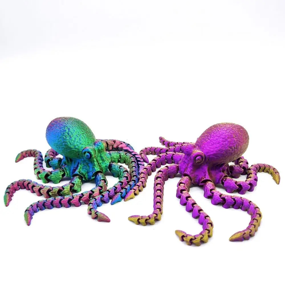 A collection of brightly colored, articulated 3D printed octopus figurines in shades of green and purple.