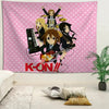 Anime girl group tapestry featuring three characters with guitars and a piano on a pink background