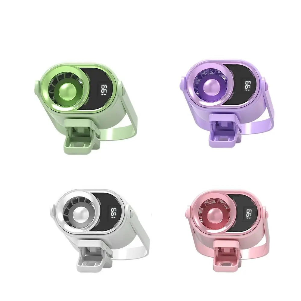 Three versions of an adjustable clip-on mini electric fan in green, purple, and pink.