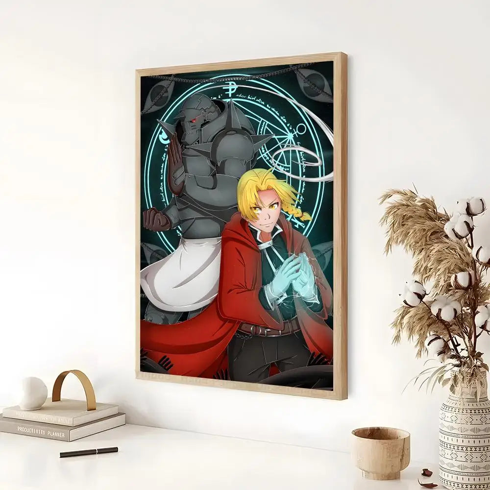 Anime poster featuring a character in armor and a red coat against a dark background.