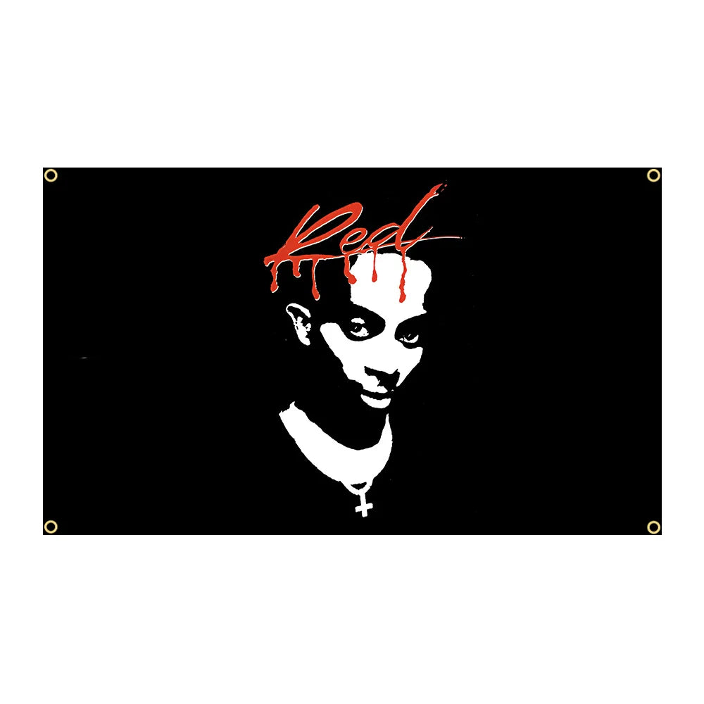 A black banner featuring a red dripping signature above a stylized white face with a cross necklace.