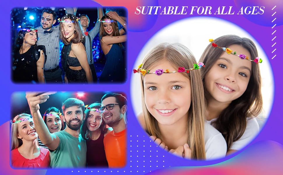 Two girls smiling while wearing glowing flower wreath headbands with LEDs