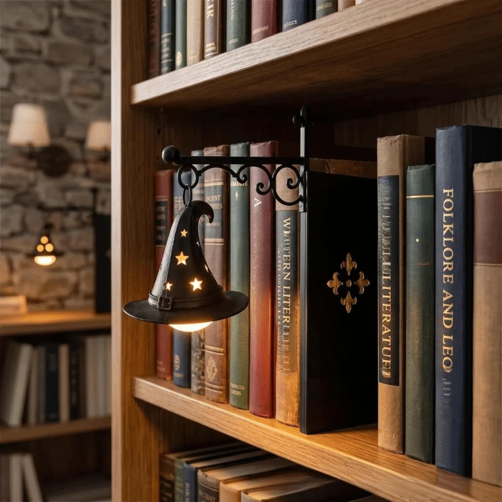A vintage bookshelf lantern lamp illuminates a row of old books on a wooden shelf.