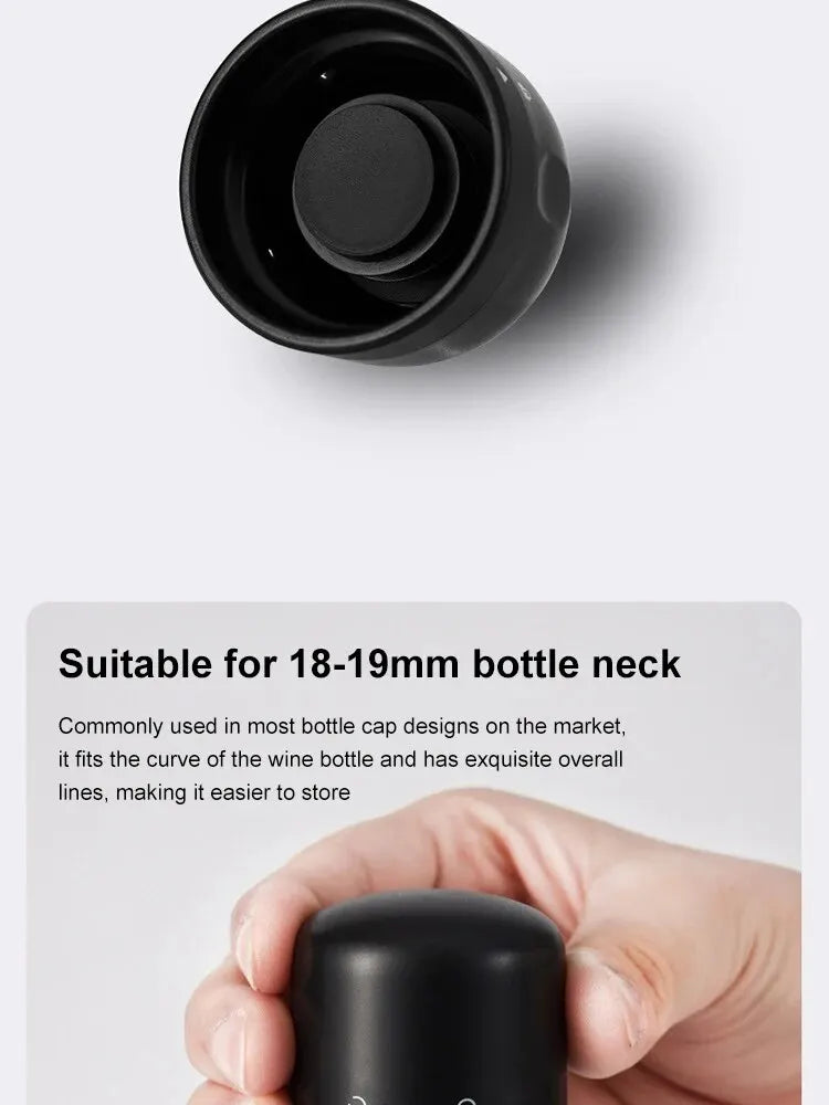 A black silicone bottle stopper is shown being held by a hand, demonstrating its fit for 18-19mm bottle necks.