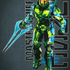 A stylized poster of Master Chief in green and blue armor with a blue sword against a dark gray background.