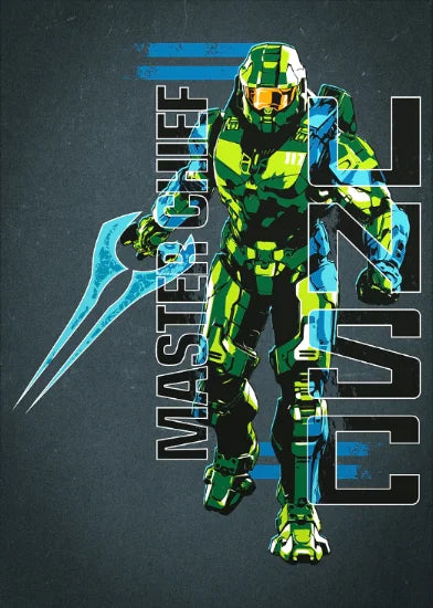 A stylized poster of Master Chief in green and blue armor with a blue sword against a dark gray background.