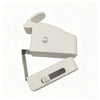 A white snap-on child safety door lock device with a hinged plate and a sliding mechanism.