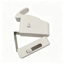 A white snap-on child safety door lock device with a hinged plate and a sliding mechanism.