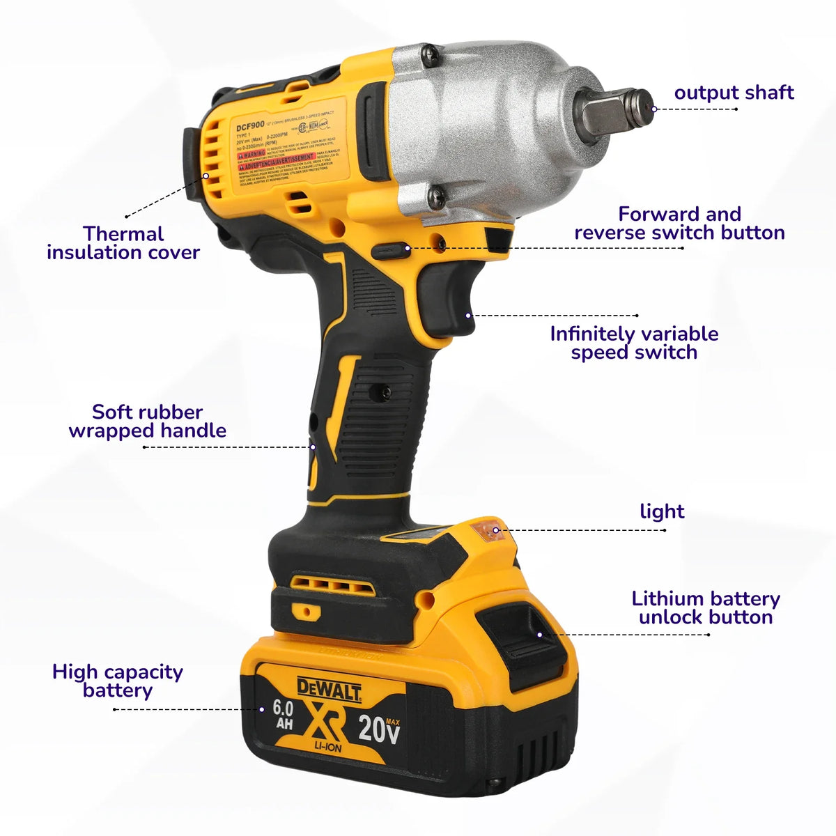 مفتاح ربط صدمات لاسلكي يعمل ببطارية ليثيوم أيون صفراء وسوداء من ديتالت XR 20V مع ميزات متنوعة
