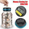 A digital coin saving jar with a transparent body and a black lid, showing a display of 235.75 USD/EUR.