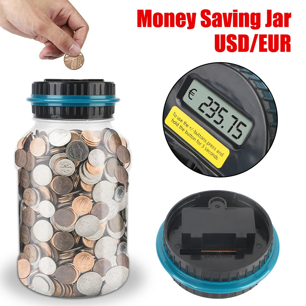 A digital coin saving jar with a transparent body and a black lid, showing a display of 235.75 USD/EUR.