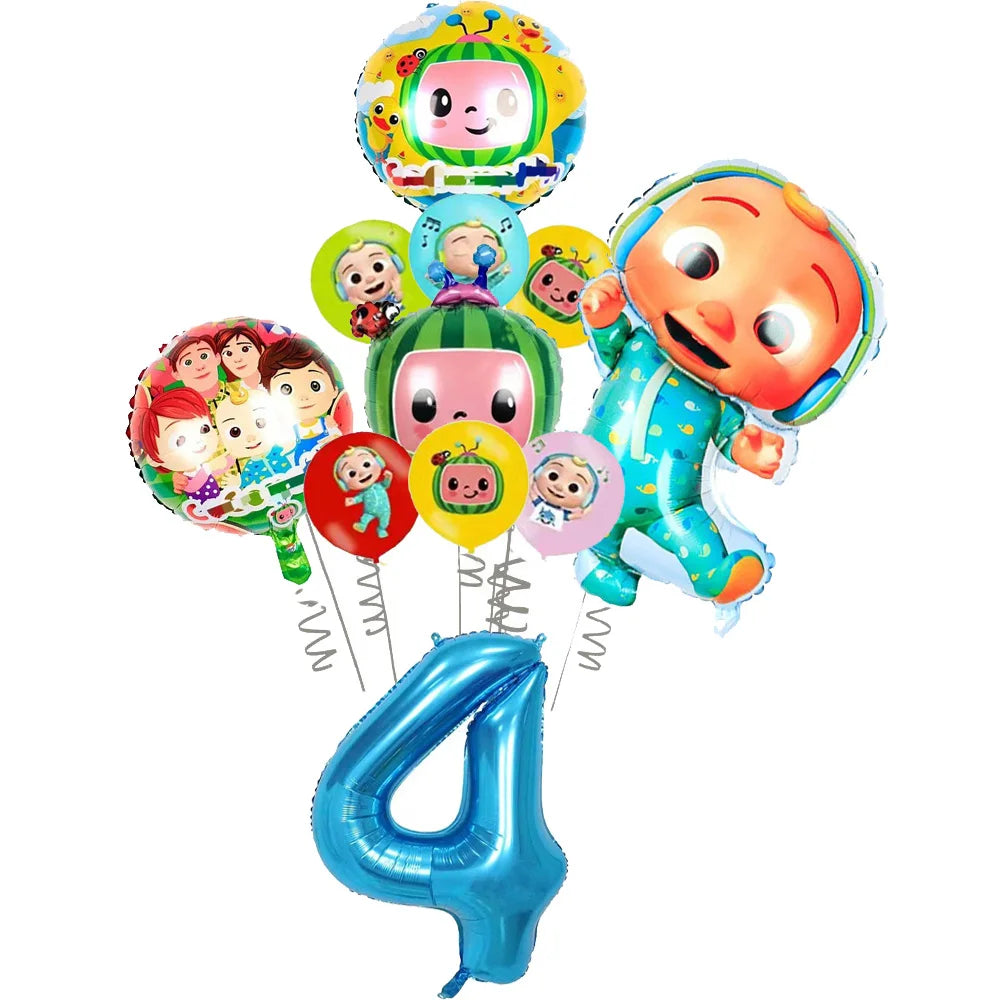 A set of colorful cartoon Cocomelon watermelon foil balloons featuring various characters and a large number four balloon.