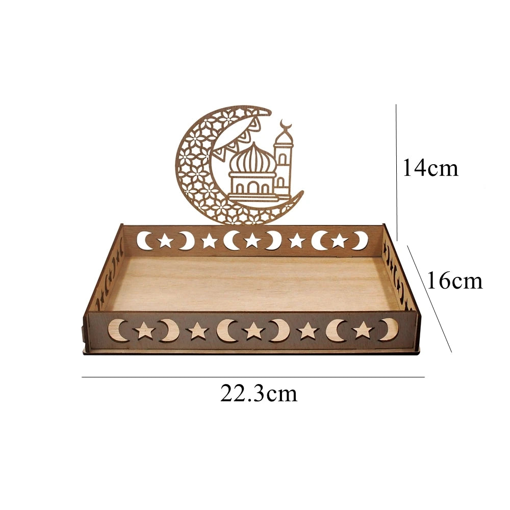 Bandeja de servicio de Eid Mubarak de madera con intrincados patrones islámicos y elementos decorativos