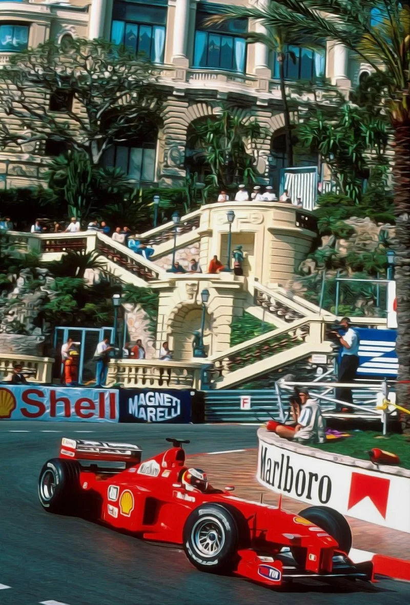 A red Formula 1 race car is speeding on a track, with a grandstand and palm trees in the background.