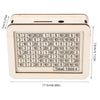 A light wooden money saving box with a grid for tracking savings, showing various euro denominations.