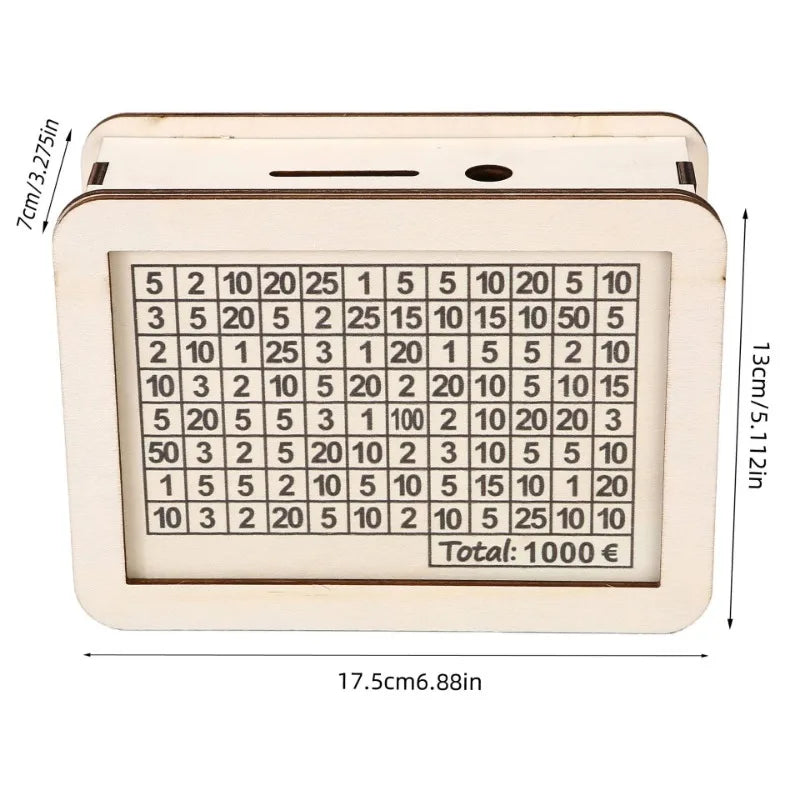 A light wooden money saving box with a grid for tracking savings, showing various euro denominations.