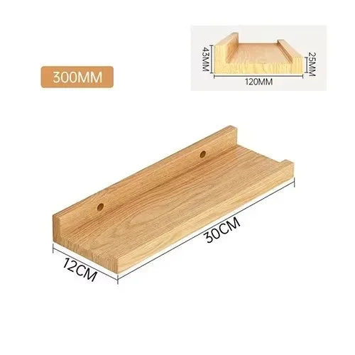 A natural wood floating shelf designed for wall mounting display, showing dimensions and installation details.