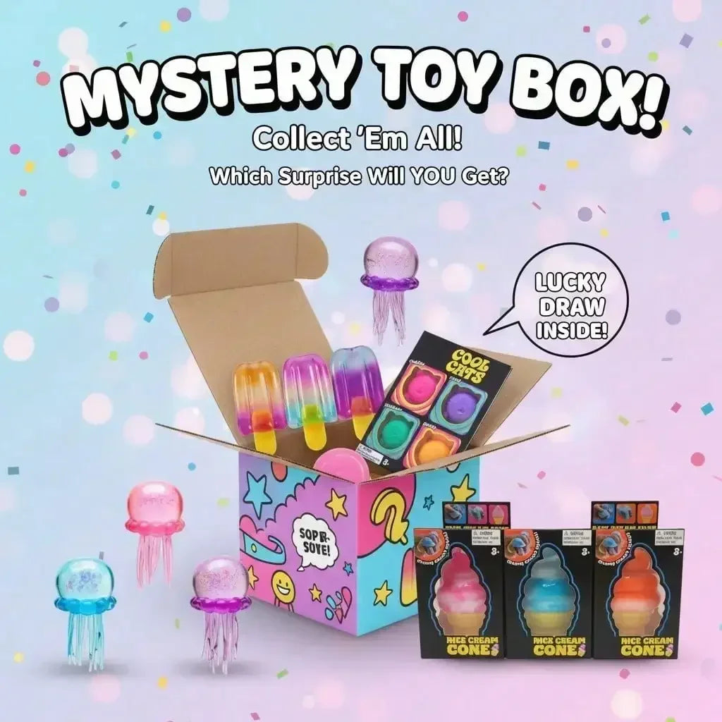 A box of mystery toys and squishy stress relief items with various colorful squishies and accessories.