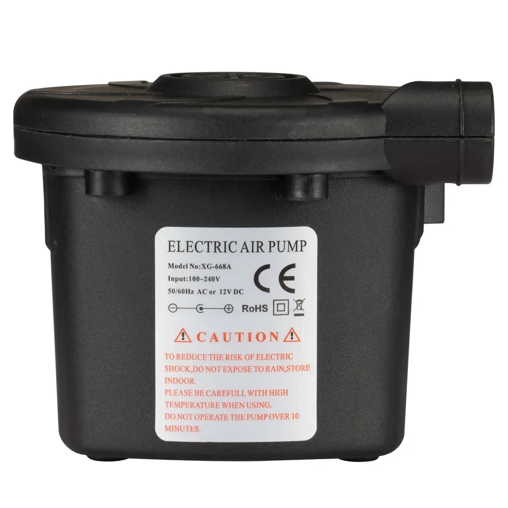 Schwarze elektrische Luftpumpe mit Warnhinweis für Gebrauch und Sicherheitshinweise.