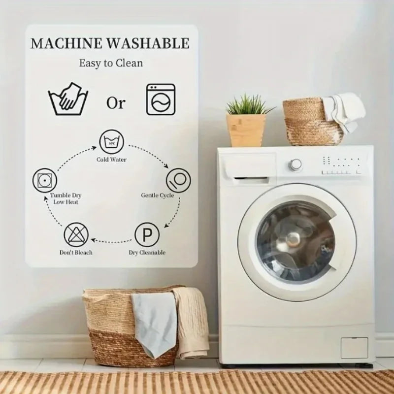 Wall art showing instructions for machine washable items, including cold water and gentle cycle options.