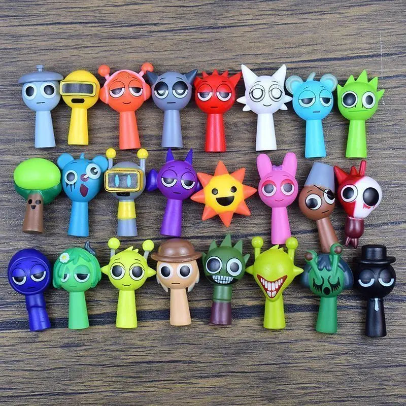 A collection of colorful handcrafted musical figurines featuring various animal shapes and expressions.