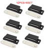 Twelve black magnetic cabinet door latch closures and corresponding silver mounting plates.