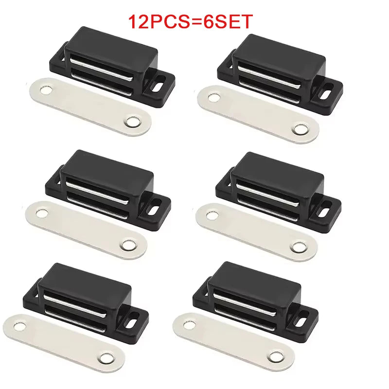 Twelve black magnetic cabinet door latch closures and corresponding silver mounting plates.
